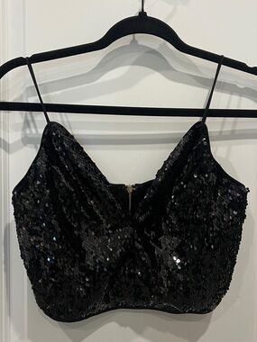 Entry Black Sequined Zip-Back Crop Top